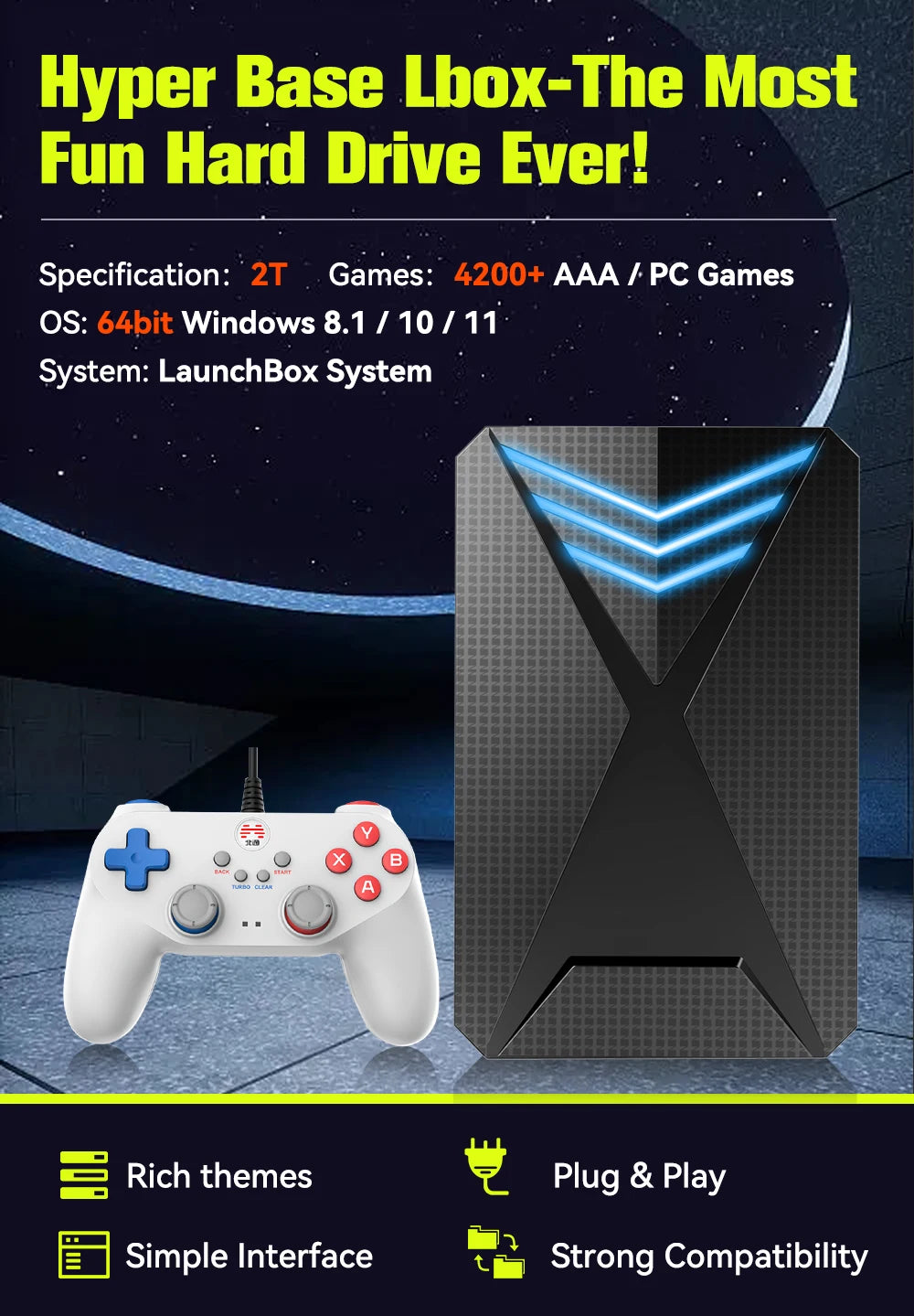 JMachen Launchbox 2TB Portable Gaming HDD with 4200+ 3D/PC Games Retro Game Console for PS4/PS3/PS2/Switchwith 4200+ PC/3D Games