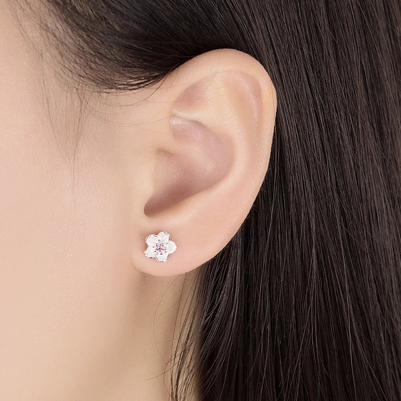 925 Sterling Silver Pink Purple Zircon Flower Small Stud Earrings For Women Wedding Elegant Luxury Jewelry Accessories Wholesale