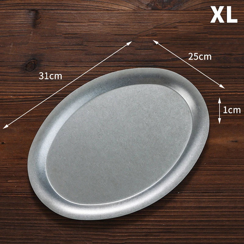 1 Pcs Japanese Vintage Oval 304 Stainless Steel Restaurant Plate Dessert Tray Kitchen Tableware