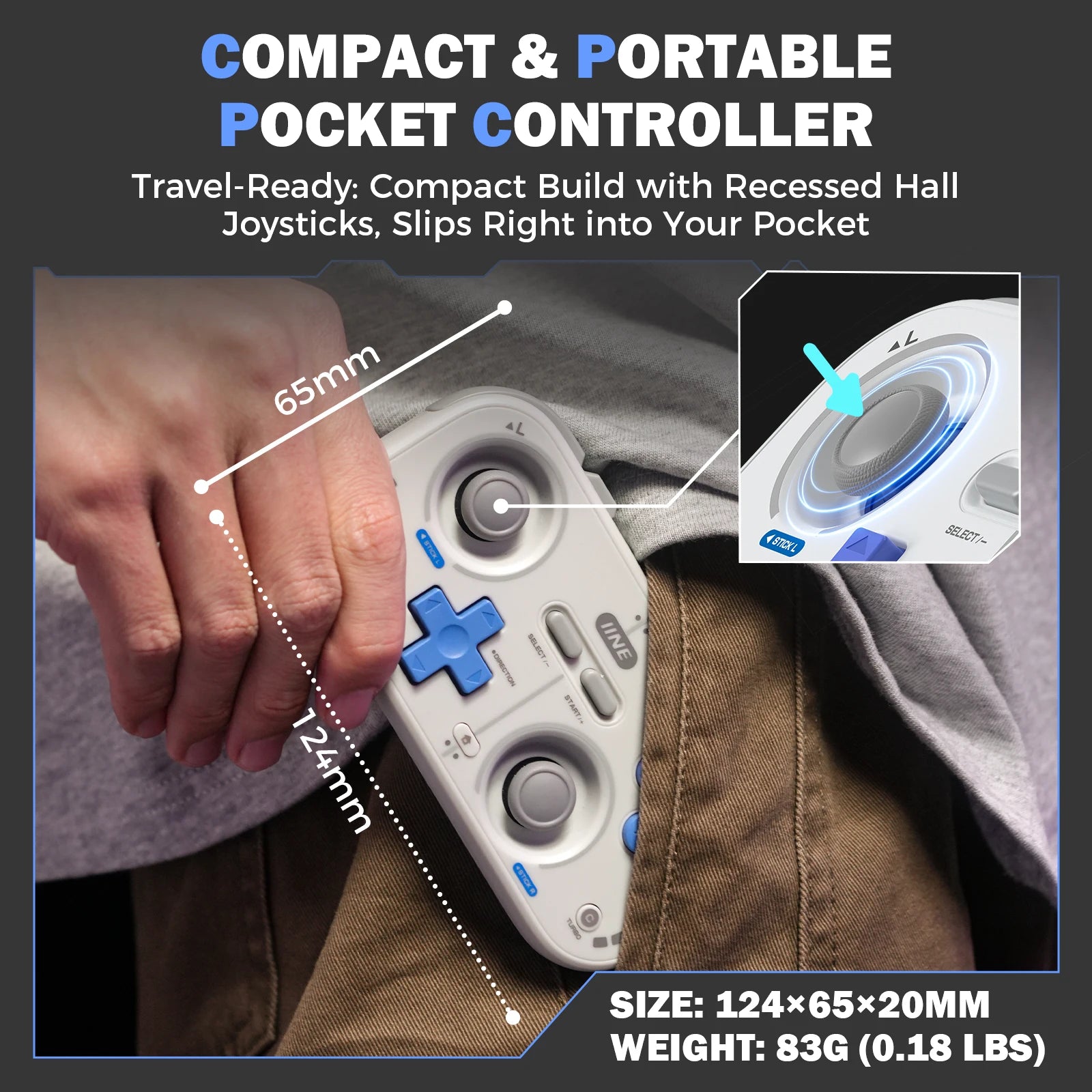IINE Retro Pocket Game Controller /Compact & Portable Hall Joysticks + 1000Hz Recessed Joystick Designed Customizable Controls