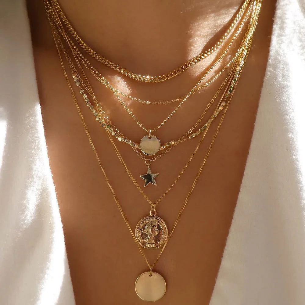 Vintage Gold Color Multiple Styles Necklace For Women Trendy Multi-Layer Disc Pendant  Necklaces New Tendyaces Set Jewelry Gifts
