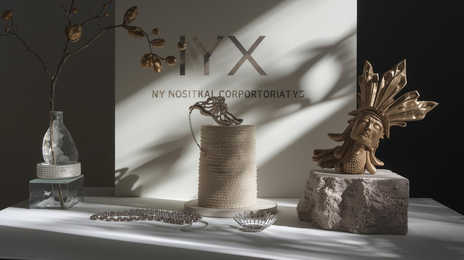 Decorative items on a table with 'NYX' branding in the background