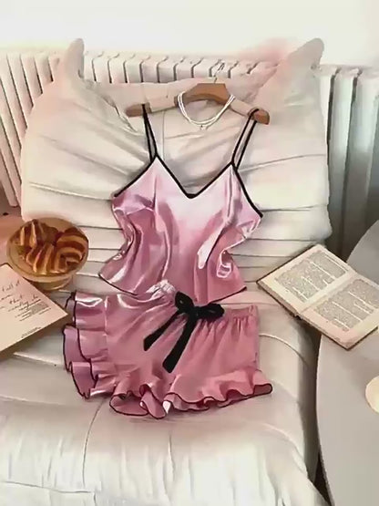 Silky Satin Pajamas Set with Lingerie Cami Tops and Ruffle Shorts